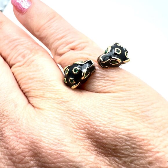 Cheetah Panther Ring Black Enamel Green Rhinestone Gold Plated Adjustable Size - Picture 5 of 7